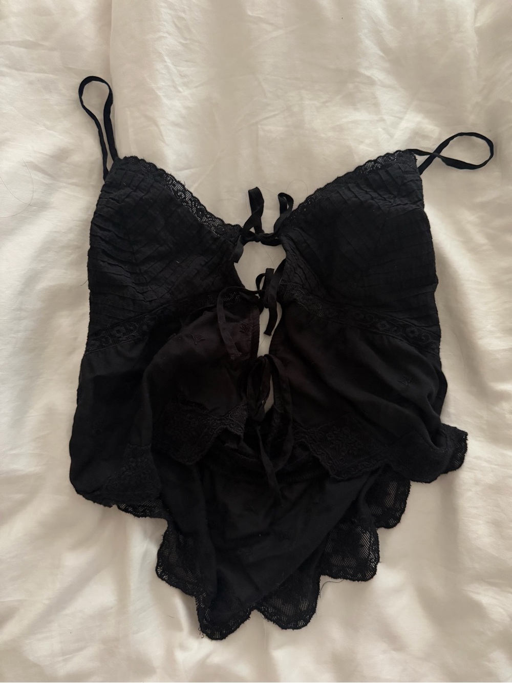 Black Cotton Lace Tie-Front Camisole